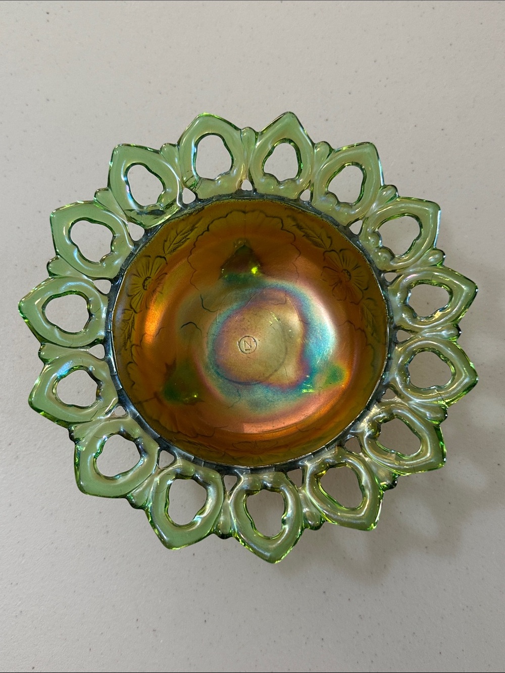 Antique Northwood Green Carnival Glass Open Edge Wild Rose Footed Bowl Signed N